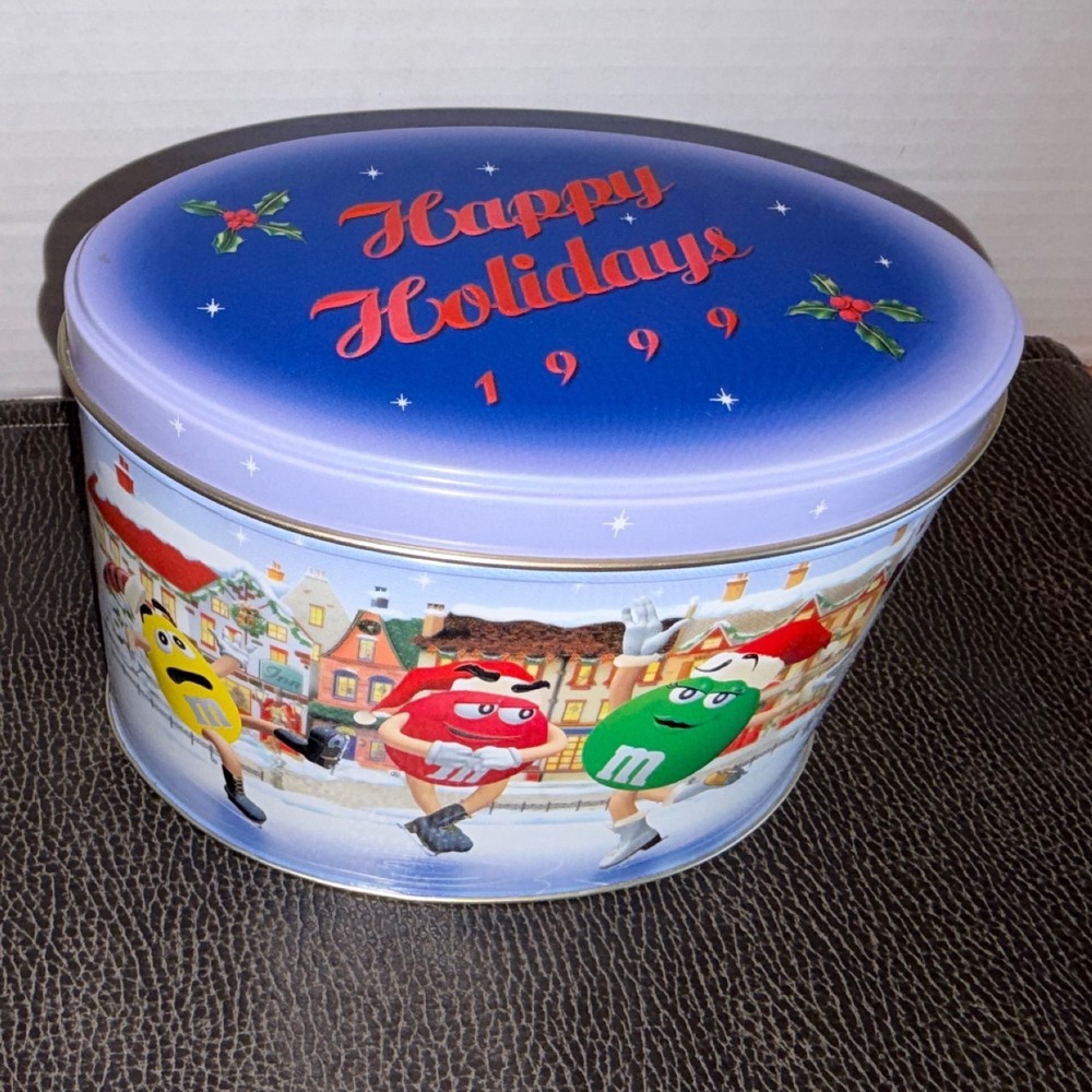 Vintage 1999 M&M's Christmas Tin, Holiday Village Skating Rink